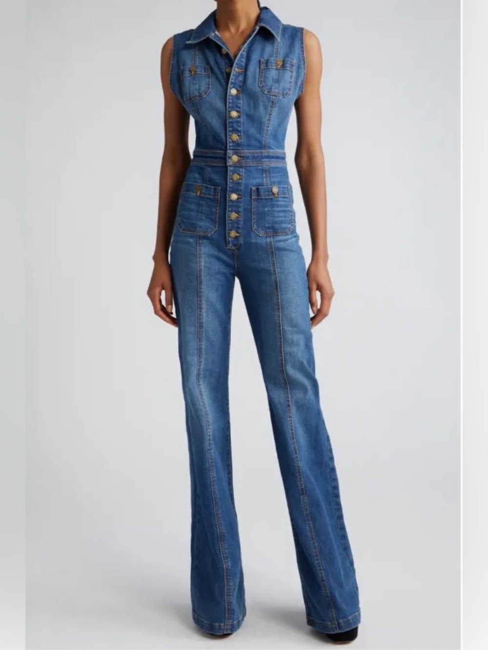 Ramy Brook Carly Sleeveless Flared Denim Jumpsuit Medium Wash Sz 30 Retro